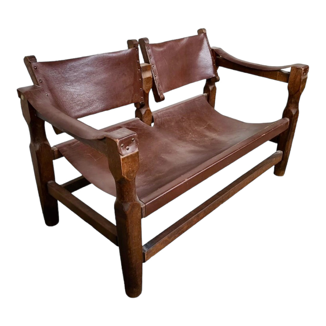 Bruine leren 'safari' tweezitter, Deens design, 1960s
